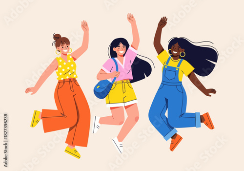 Colorful illustration of three happy girls jumping together, symbolizing friendship, fun, joy, and positive energy in a playful and vibrant style.