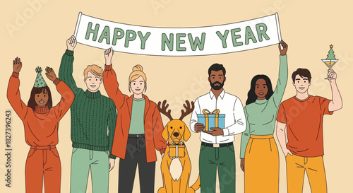 Colorful illustration of diverse friends celebrating New Year with party hats, gifts, decorations, and a festive banner, capturing joyful holiday spirit and cheerful seasonal celebration.