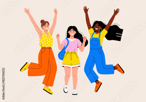 Colorful illustration of three happy girls jumping together, symbolizing friendship, fun, joy, and positive energy in a playful and vibrant style.