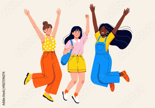 Colorful illustration of three happy girls jumping together, symbolizing friendship, fun, joy, and positive energy in a playful and vibrant style.