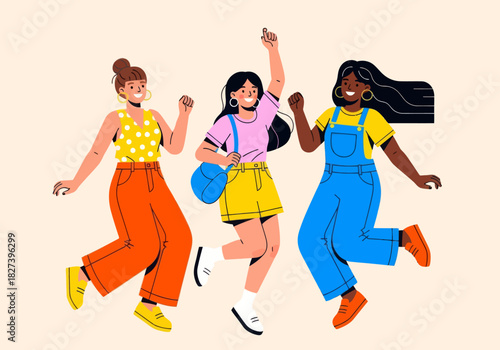 Colorful illustration of three happy girls jumping together, symbolizing friendship, fun, joy, and positive energy in a playful and vibrant style.