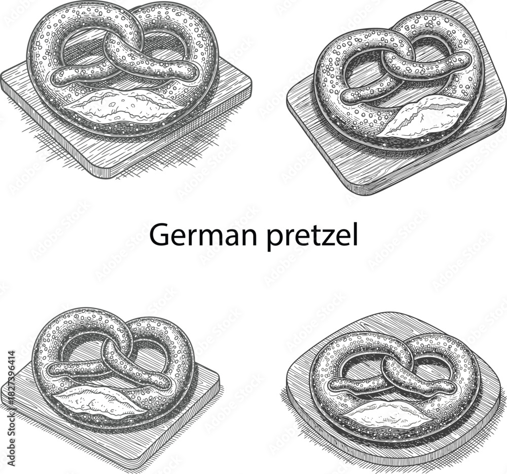 Obraz premium Vintage engraved German pretzel food icon set featuring detailed salty bread texture on rustic wooden serving boards
