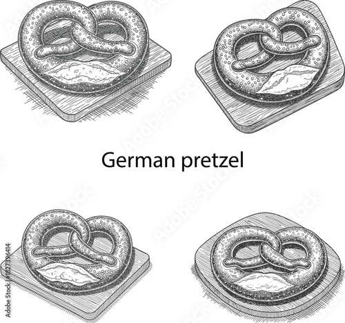 Vintage engraved German pretzel food icon set featuring detailed salty bread texture on rustic wooden serving boards