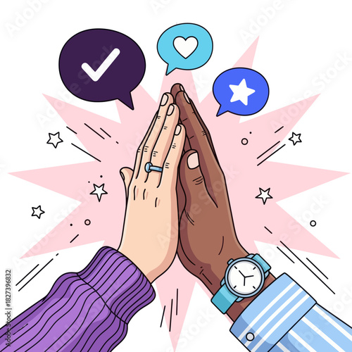 Illustration of two hands giving a high five, symbolizing teamwork, support, success, and positive collaboration with social media icons in a modern flat style.