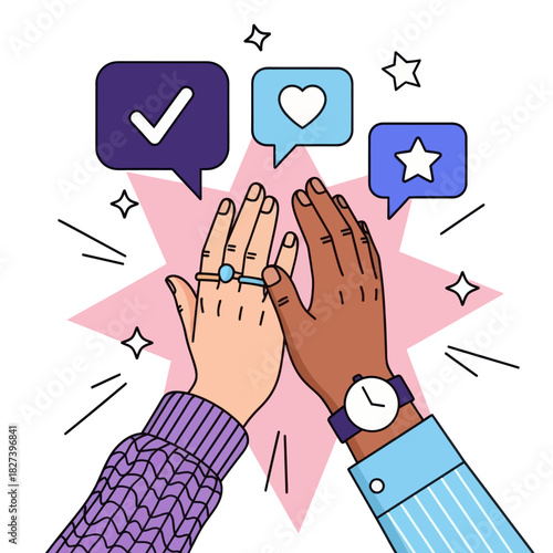 Illustration of two hands giving a high five, symbolizing teamwork, support, success, and positive collaboration with social media icons in a modern flat style.