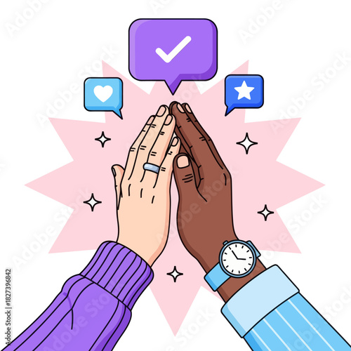 Illustration of two hands giving a high five, symbolizing teamwork, support, success, and positive collaboration with social media icons in a modern flat style.