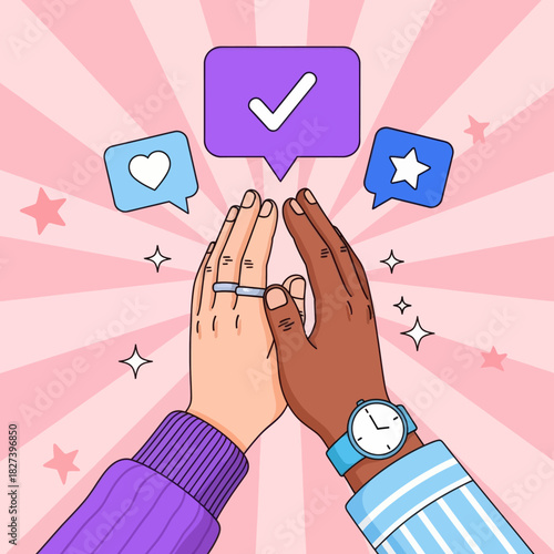 Illustration of two hands giving a high five, symbolizing teamwork, support, success, and positive collaboration with social media icons in a modern flat style.