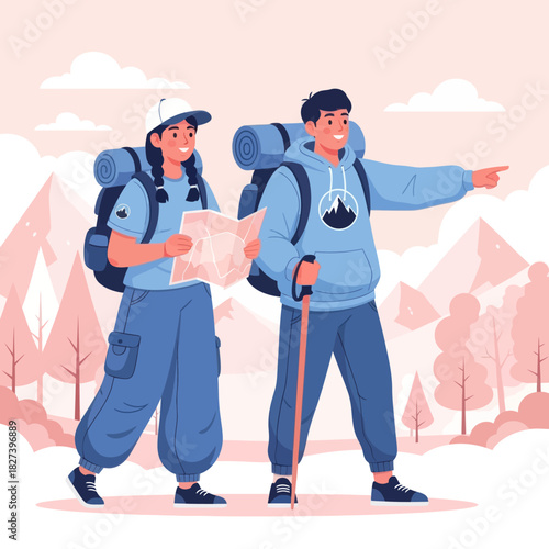 Illustration of two hikers exploring the mountains with backpacks and a map, symbolizing adventure, navigation, outdoor travel, and nature exploration.