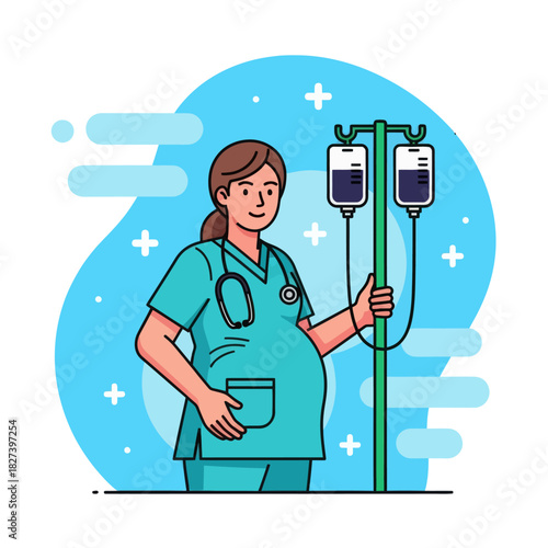 Illustration of a pregnant nurse in scrubs holding an IV stand, representing maternity healthcare, medical work, and professional caregiving in a hospital setting.