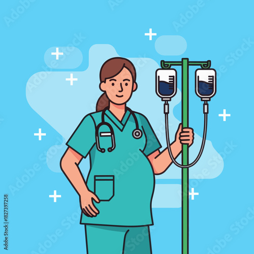 Illustration of a pregnant nurse in scrubs holding an IV stand, representing maternity healthcare, medical work, and professional caregiving in a hospital setting.