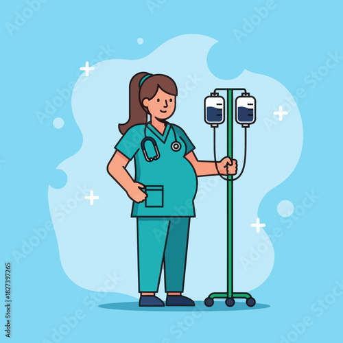 Illustration of a pregnant nurse in scrubs holding an IV stand, representing maternity healthcare, medical work, and professional caregiving in a hospital setting.