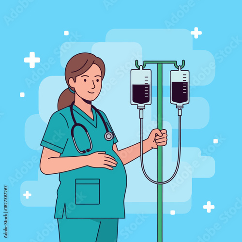 Illustration of a pregnant nurse in scrubs holding an IV stand, representing maternity healthcare, medical work, and professional caregiving in a hospital setting.
