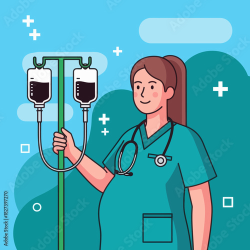 Illustration of a pregnant nurse in scrubs holding an IV stand, representing maternity healthcare, medical work, and professional caregiving in a hospital setting.
