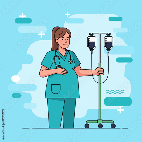 Illustration of a pregnant nurse in scrubs holding an IV stand, representing maternity healthcare, medical work, and professional caregiving in a hospital setting.