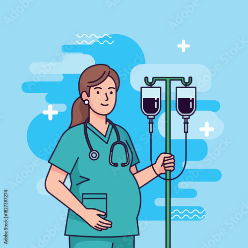 Illustration of a pregnant nurse in scrubs holding an IV stand, representing maternity healthcare, medical work, and professional caregiving in a hospital setting.