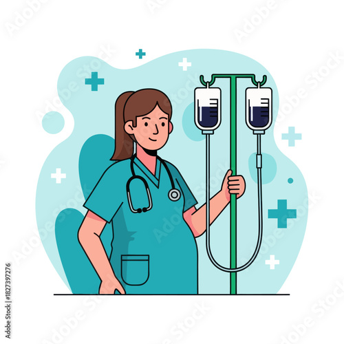 Illustration of a pregnant nurse in scrubs holding an IV stand, representing maternity healthcare, medical work, and professional caregiving in a hospital setting.