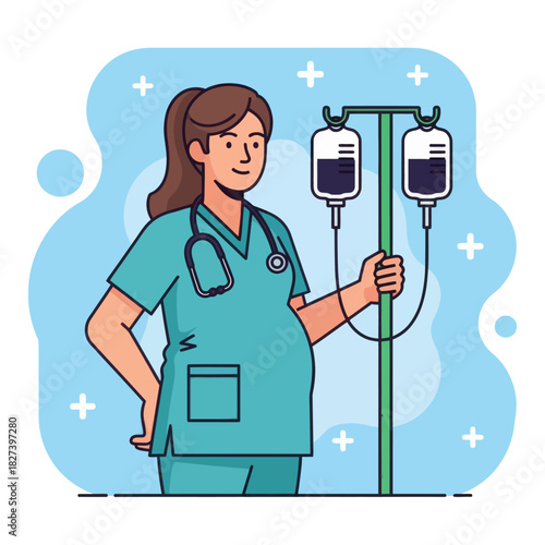Illustration of a pregnant nurse in scrubs holding an IV stand, representing maternity healthcare, medical work, and professional caregiving in a hospital setting.