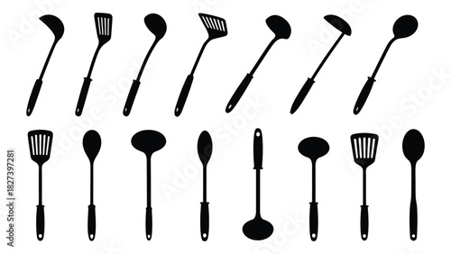 Kitchen utensils silhouette set isolated on white background, Vector