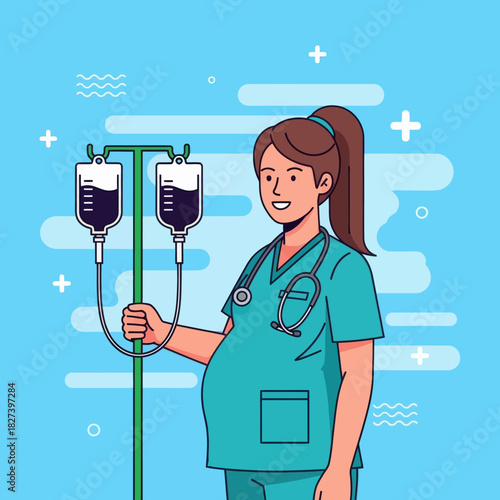 Illustration of a pregnant nurse in scrubs holding an IV stand, representing maternity healthcare, medical work, and professional caregiving in a hospital setting.