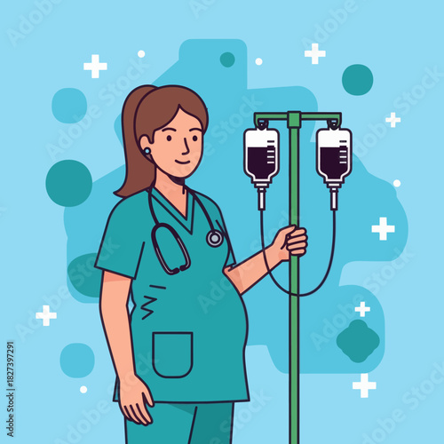 Illustration of a pregnant nurse in scrubs holding an IV stand, representing maternity healthcare, medical work, and professional caregiving in a hospital setting.