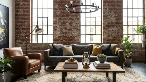 Urban loft apartment interior with exposed brick walls, modern furniture and city view windows