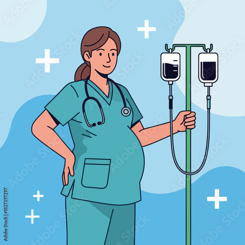 Illustration of a pregnant nurse in scrubs holding an IV stand, representing maternity healthcare, medical work, and professional caregiving in a hospital setting.