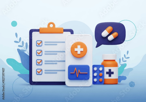 3D illustration of medical elements including a checklist, smartphone health app, pills, and medicine bottle, representing online healthcare, telemedicine, and digital medical services.