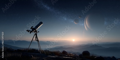 Stargazing: Telescope at Dawn: A solitary telescope perched atop a hill, gazing at the cosmos. capturing a view of the cosmos with celestial objects, the vastness of the universe. 