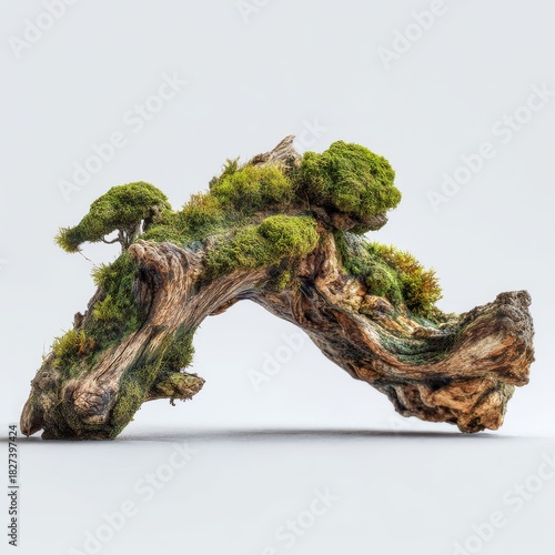 Ancient Driftwood Covered in Lush Moss: A weathered piece of driftwood, adorned with vibrant, thriving moss, tells a tale of nature's artistry and resilience.