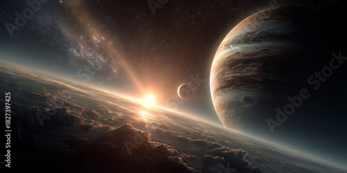 Cosmic Symphony: Witness the grand spectacle of a vibrant sunrise casting its radiant glow over a breathtaking planetary system, unveiling the mysteries of the cosmos.