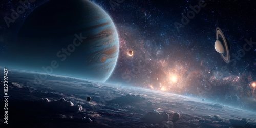 Celestial Canvas: An awe-inspiring depiction of a planetary nebula, showcasing a gas giant, planets, and galaxies in an expansive cosmic panorama.