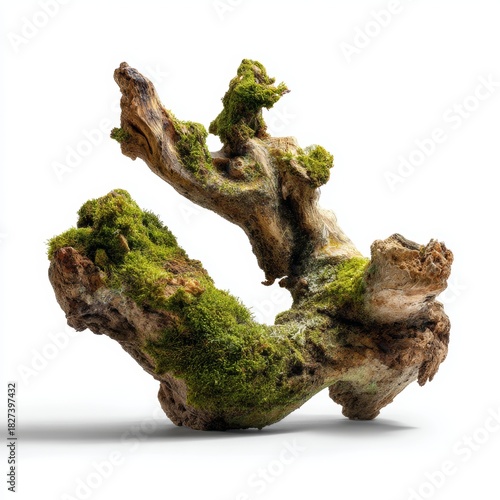 Textured Branch Adorned with Moss: A detailed view of a weathered tree branch, artfully sculpted by time, now embellished with a vibrant carpet of moss.