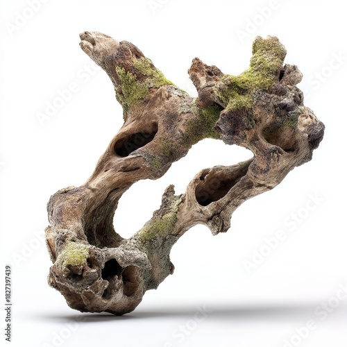 Weathered Driftwood with Green Moss: A close-up view unveils a captivating piece of driftwood adorned with patches of vibrant green moss.