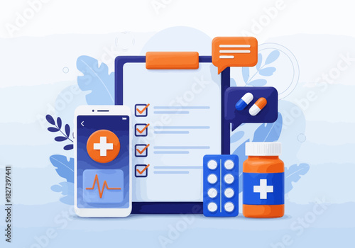 3D illustration of medical elements including a checklist, smartphone health app, pills, and medicine bottle, representing online healthcare, telemedicine, and digital medical services.