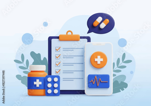 3D illustration of medical elements including a checklist, smartphone health app, pills, and medicine bottle, representing online healthcare, telemedicine, and digital medical services.