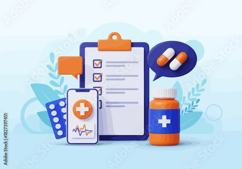 3D illustration of medical elements including a checklist, smartphone health app, pills, and medicine bottle, representing online healthcare, telemedicine, and digital medical services.