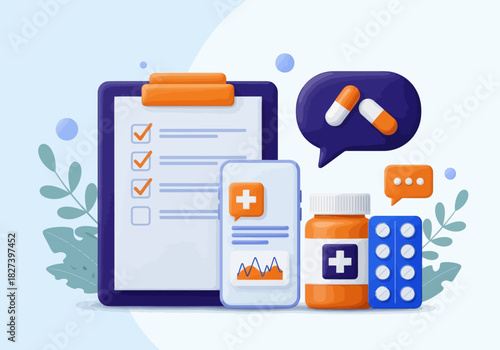 3D illustration of medical elements including a checklist, smartphone health app, pills, and medicine bottle, representing online healthcare, telemedicine, and digital medical services.