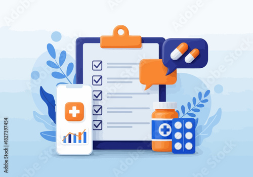 3D illustration of medical elements including a checklist, smartphone health app, pills, and medicine bottle, representing online healthcare, telemedicine, and digital medical services.