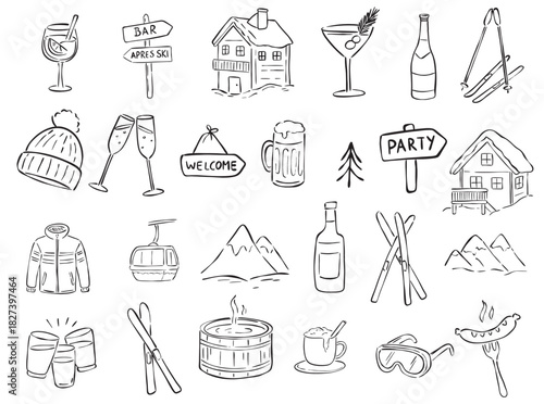 Après Ski Line Art Icons Set – Winter Holiday, Ski Resort, Party & Mountain Illustration