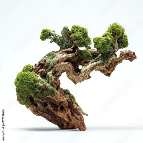 Miniature Bonsai on White Canvas: A meticulously crafted bonsai tree, a symbol of serenity and balance, thrives in its miniature world of verdant foliage and weathered wood.