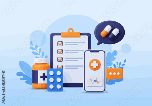 3D illustration of medical elements including a checklist, smartphone health app, pills, and medicine bottle, representing online healthcare, telemedicine, and digital medical services.
