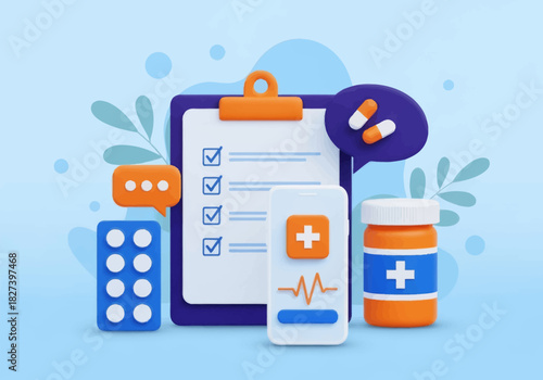 3D illustration of medical elements including a checklist, smartphone health app, pills, and medicine bottle, representing online healthcare, telemedicine, and digital medical services.