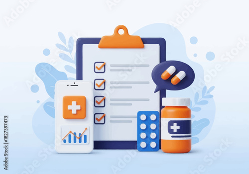3D illustration of medical elements including a checklist, smartphone health app, pills, and medicine bottle, representing online healthcare, telemedicine, and digital medical services.