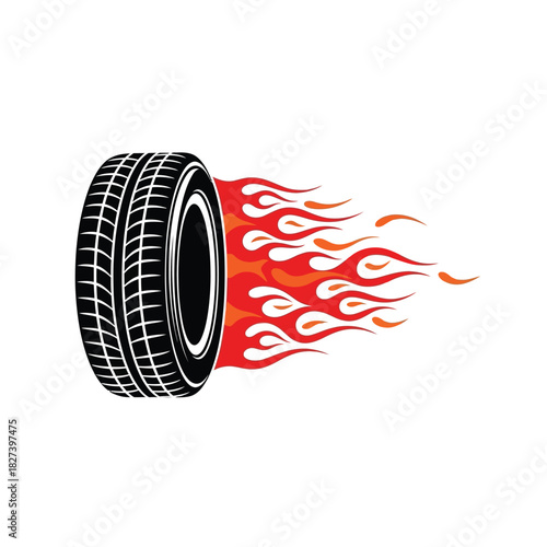 Automotive wheel with red and orange flames speeding across a clean white background, symbolizing velocity, power, racing, and high performance in a dynamic vector illustration