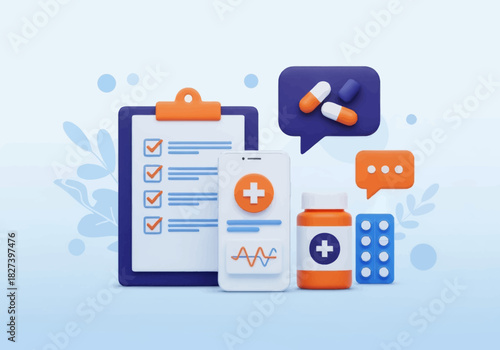 3D illustration of medical elements including a checklist, smartphone health app, pills, and medicine bottle, representing online healthcare, telemedicine, and digital medical services.