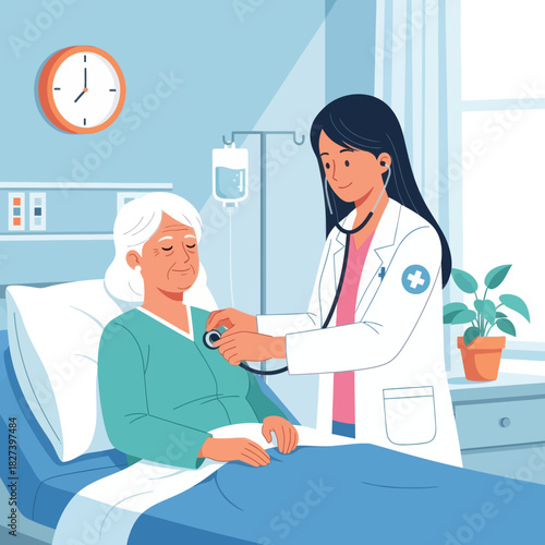 Illustration of a doctor caring for an elderly patient in a hospital room, showing medical support, compassion, and professional healthcare service.