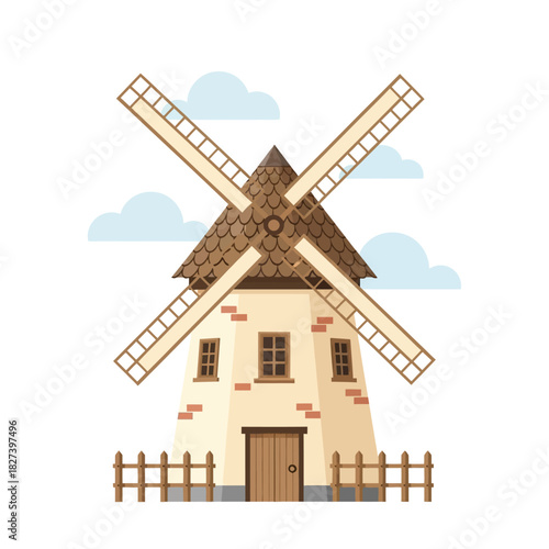 Traditional dutch windmill with rotating blades, shingle roof, brick details, windows, door, fence, and clouds on white, representing rural heritage, agriculture, and clean energy.