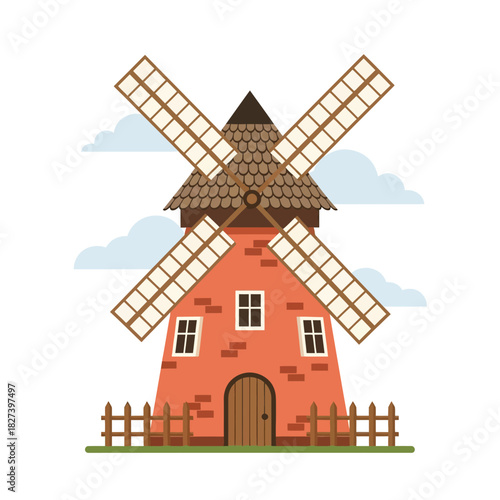 Flat vector art: traditional red brick windmill with wooden sails, shingled roof, quaint windows, rustic fence. under soft cloudy sky. symbolizes heritage, rural life, renewable energy ideas.