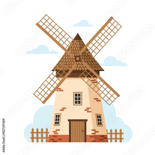 Traditional dutch style windmill vector illustration with a wooden fence and fluffy clouds, depicting a classic agricultural or rural landmark, perfect for various design projects