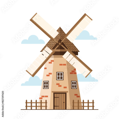 Traditional dutch style windmill illustration with spinning blades and a wooden fence, set against a bright sky with soft clouds, representing energy and heritage architecture.